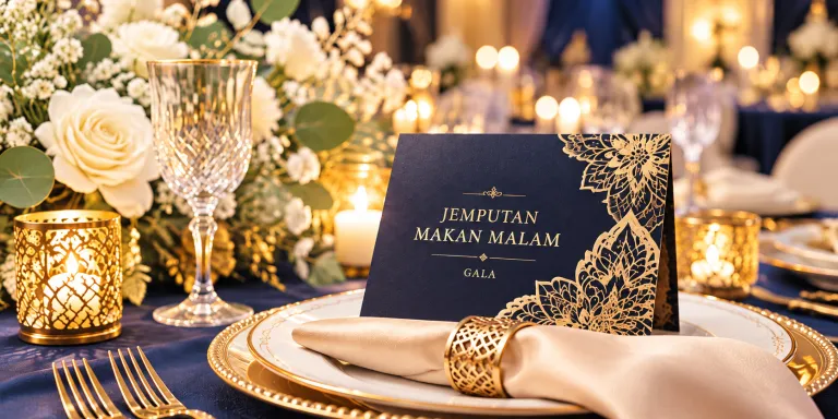 Kad jemputan makan malam tahunan dan gala berwarna biru tua dan emas di atas meja jamuan dengan bunga putih dan lilin