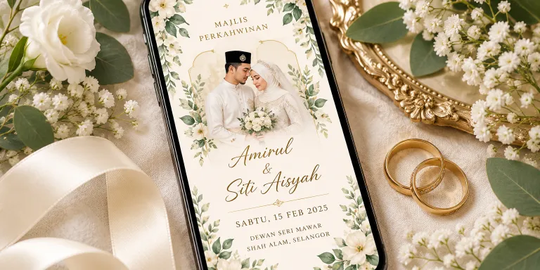 Kad kahwin digital Melayu pada telefon bersama bunga putih dan cincin perkahwinan emas