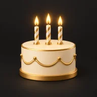 Kek hari jadi berwarna krim dan emas dengan tiga lilin