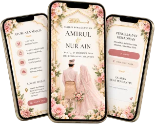 Kad kahwin digital Melayu premium dipaparkan pada tiga telefon