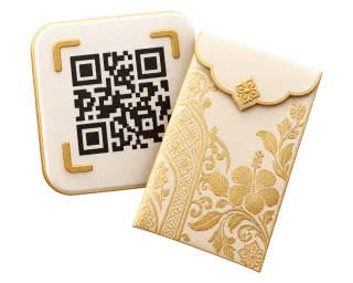 Kod QR DuitNow dengan sampul hadiah perkahwinan emas