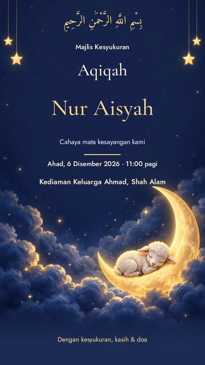 Bulan & Bintang — Kad Jemputan Kelahiran & Awal Hayat — Biru Laut — Minimalis — Dreamy