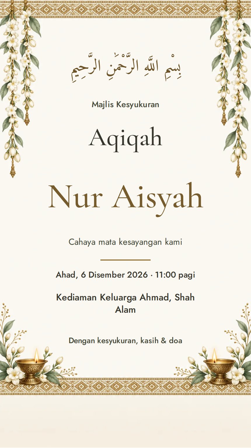 Bunga Melur — Kad Jemputan Kelahiran & Awal Hayat — Krim — Bunga — Tradisional