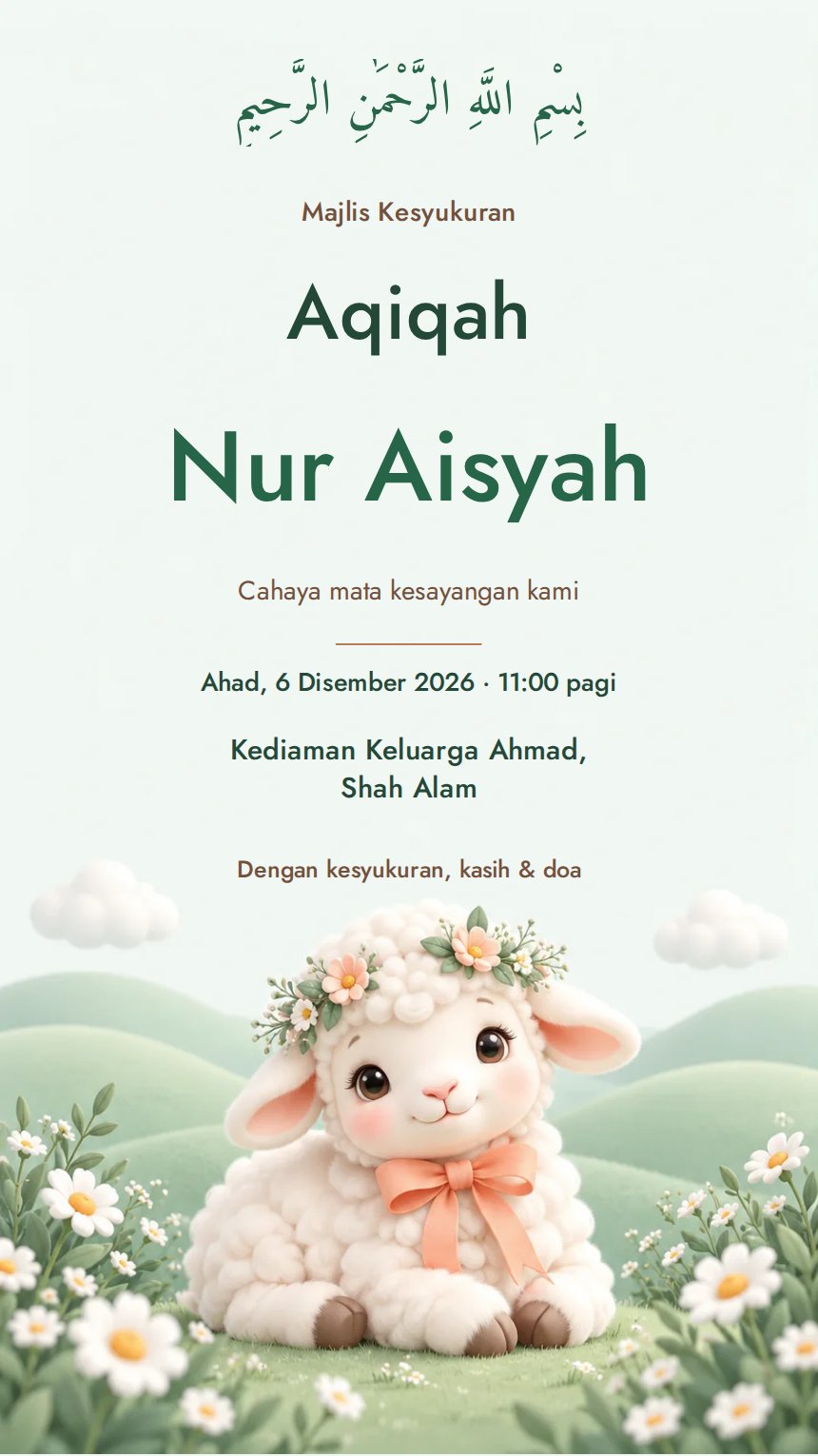 Kambing Comel — Kad Jemputan Kelahiran & Awal Hayat — Hijau — Minimalis — Cute