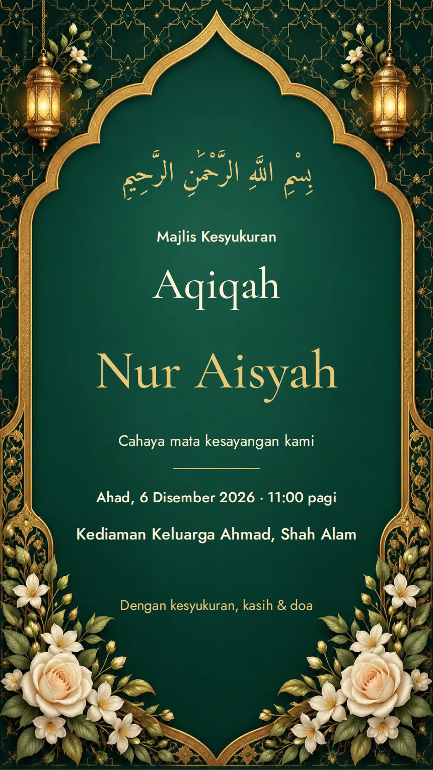 Nur Kasih — Kad Jemputan Kelahiran & Awal Hayat — Hijau — Islamik & Arabesk — Klasik