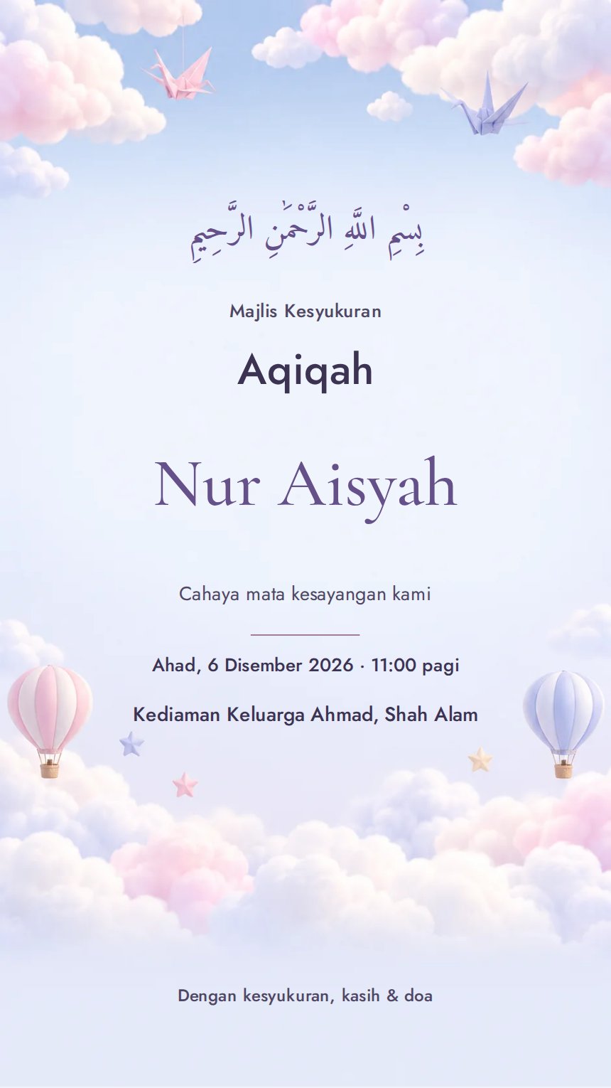 Awan Kapas — Kad Jemputan Kelahiran & Awal Hayat — Ungu — Abstrak — Dreamy
