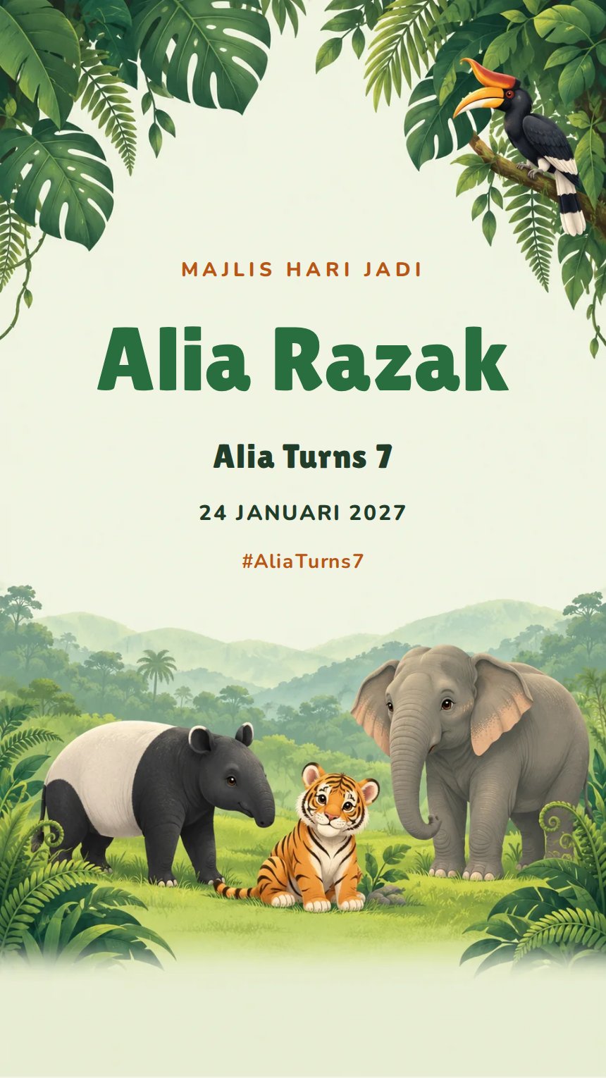 Safari Rimba — Kad Jemputan Hari Jadi — Hijau — Botani & Tropika — Ceria