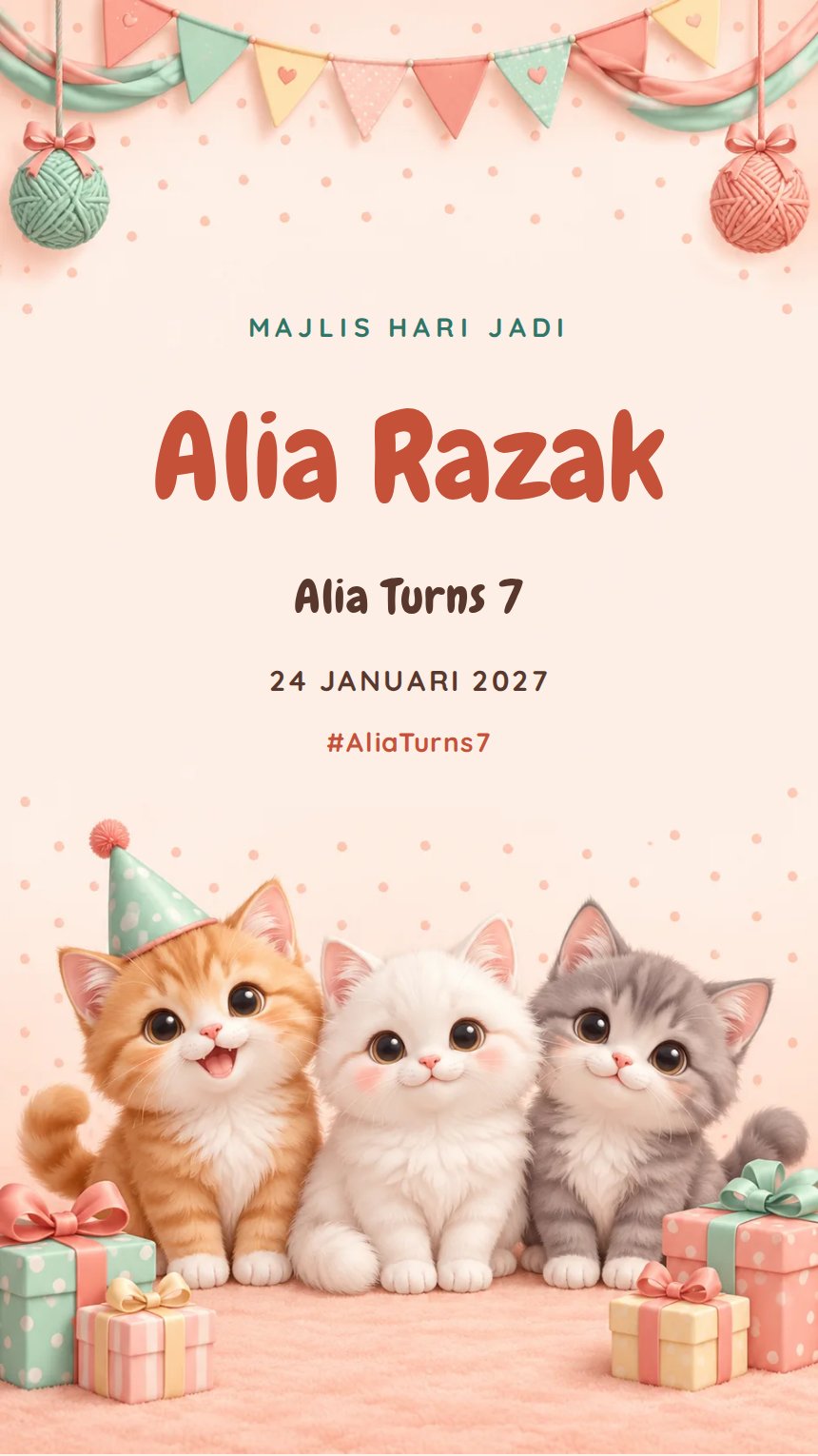 Kucing Comel — Kad Jemputan Hari Jadi — Oren — Abstrak — Ceria