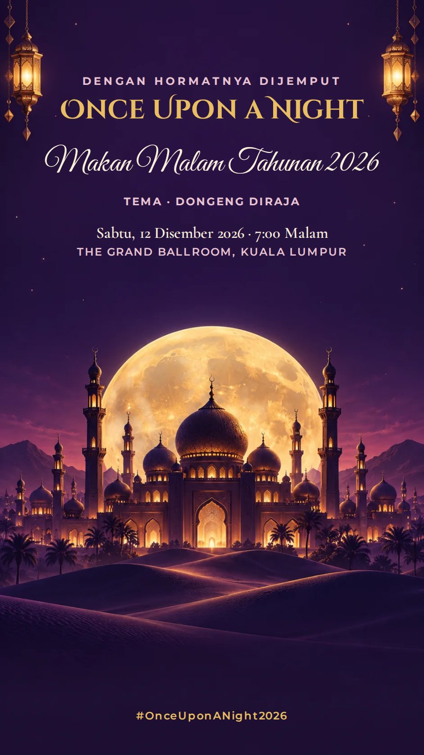 Seribu Satu Malam — Kad Jemputan Makan Malam Tahunan & Korporat — Ungu — Berukir & Klasik — Mewah