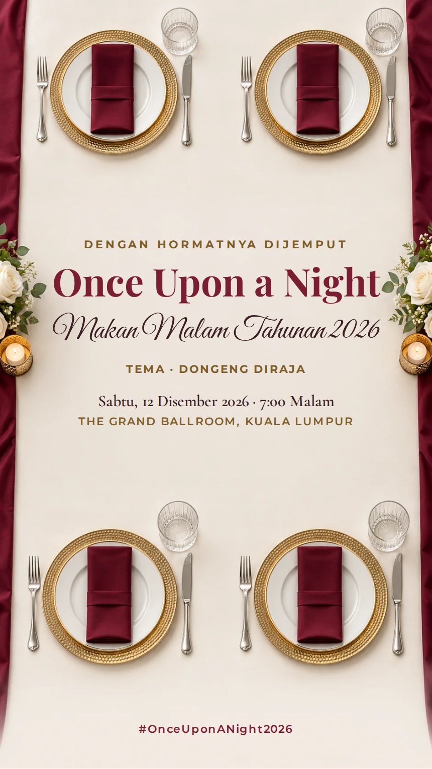 Santapan Mewah — Kad Jemputan Makan Malam Tahunan & Korporat — Merah — Mewah Moden — Elegan