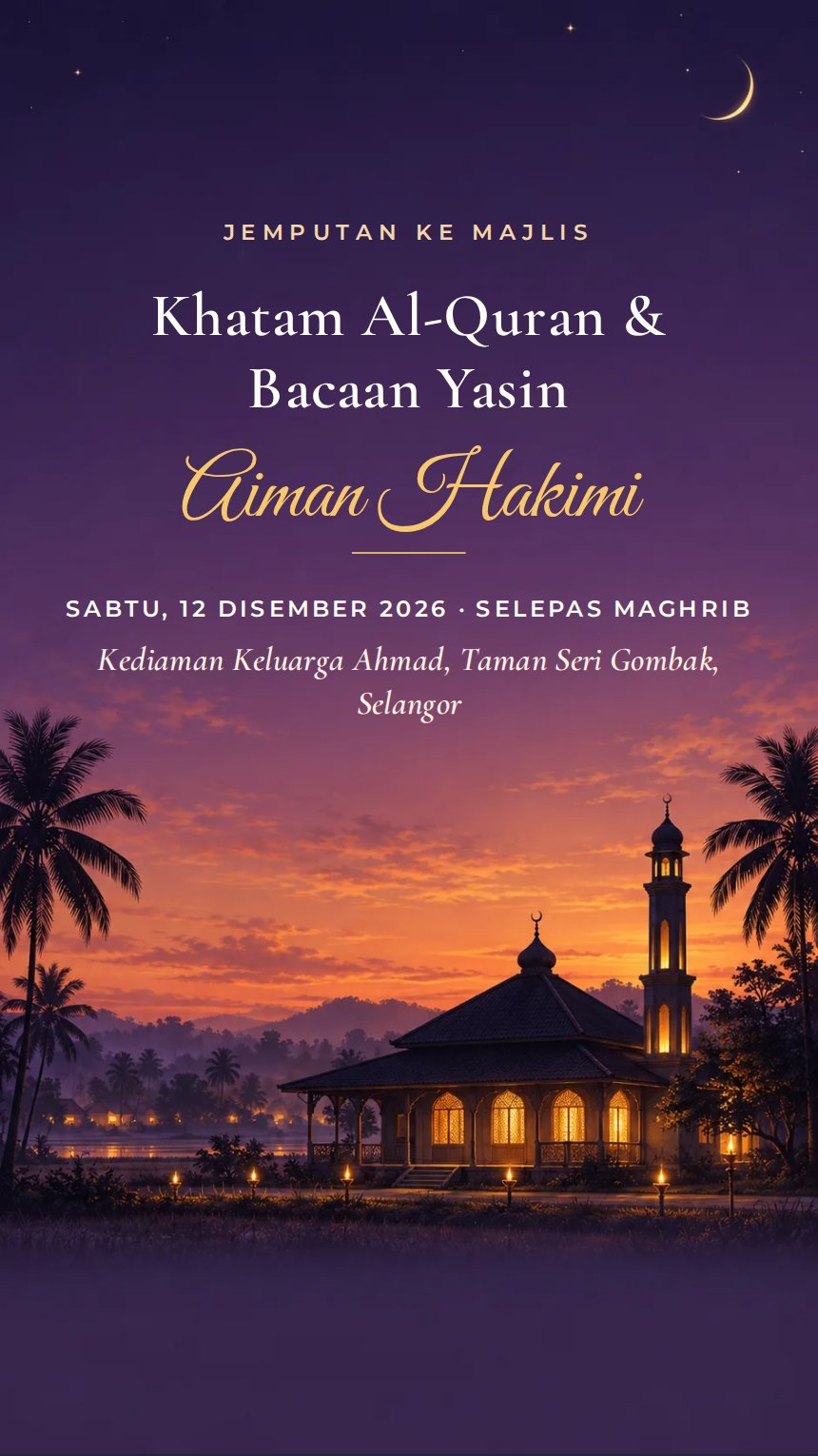 Senja di Surau — Kad Jemputan Rumah & Keluarga — Ungu — Islamik & Arabesk — Elegan
