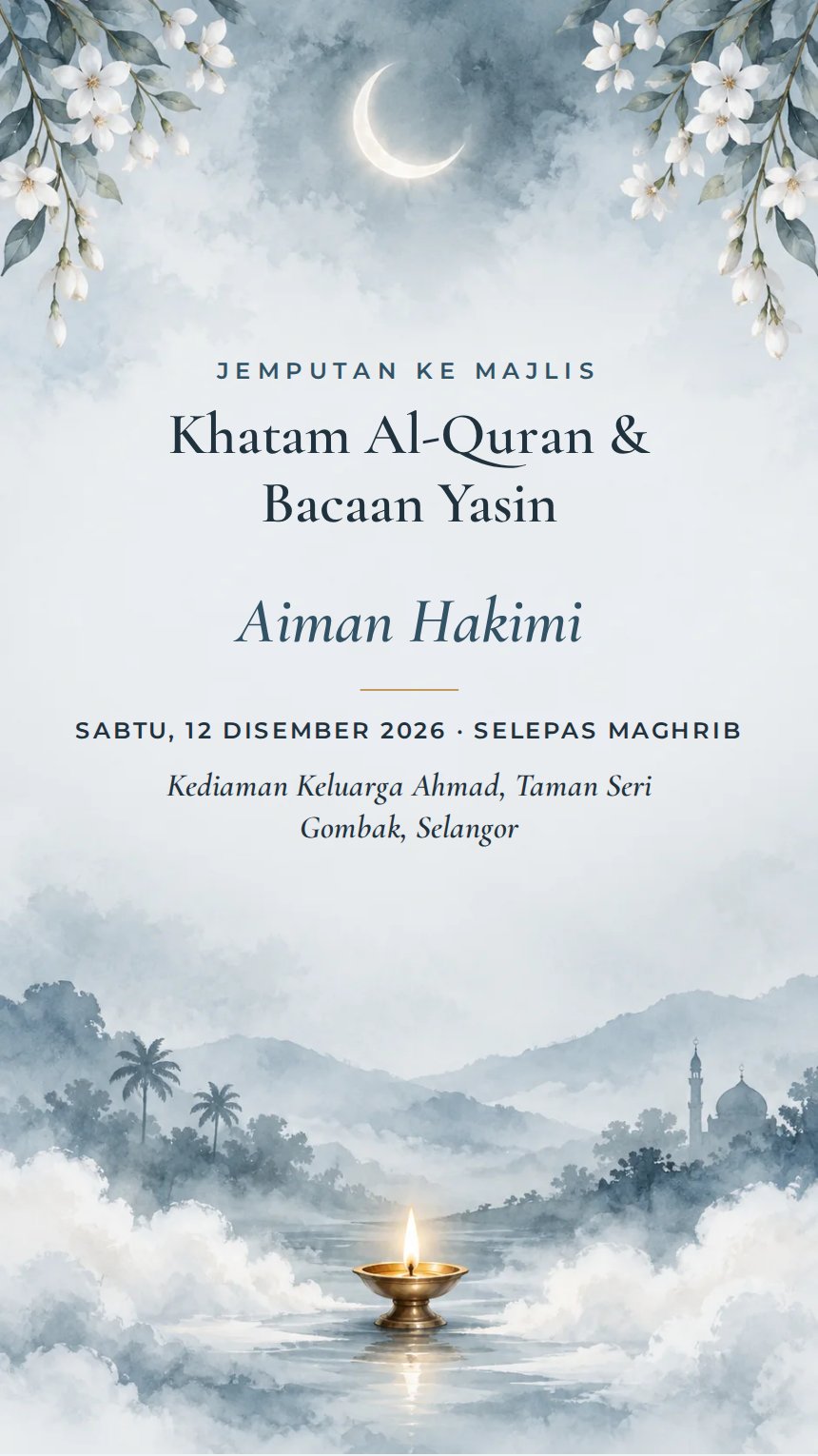 Tahlil Teduh — Kad Jemputan Rumah & Keluarga — Kelabu — Minimalis