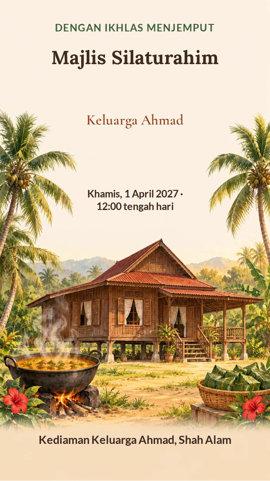 Gotong-Royong Kampung — Kad Jemputan Perayaan Agama & Kebudayaan — Oren — Vintaj & Rustik — Tradisional