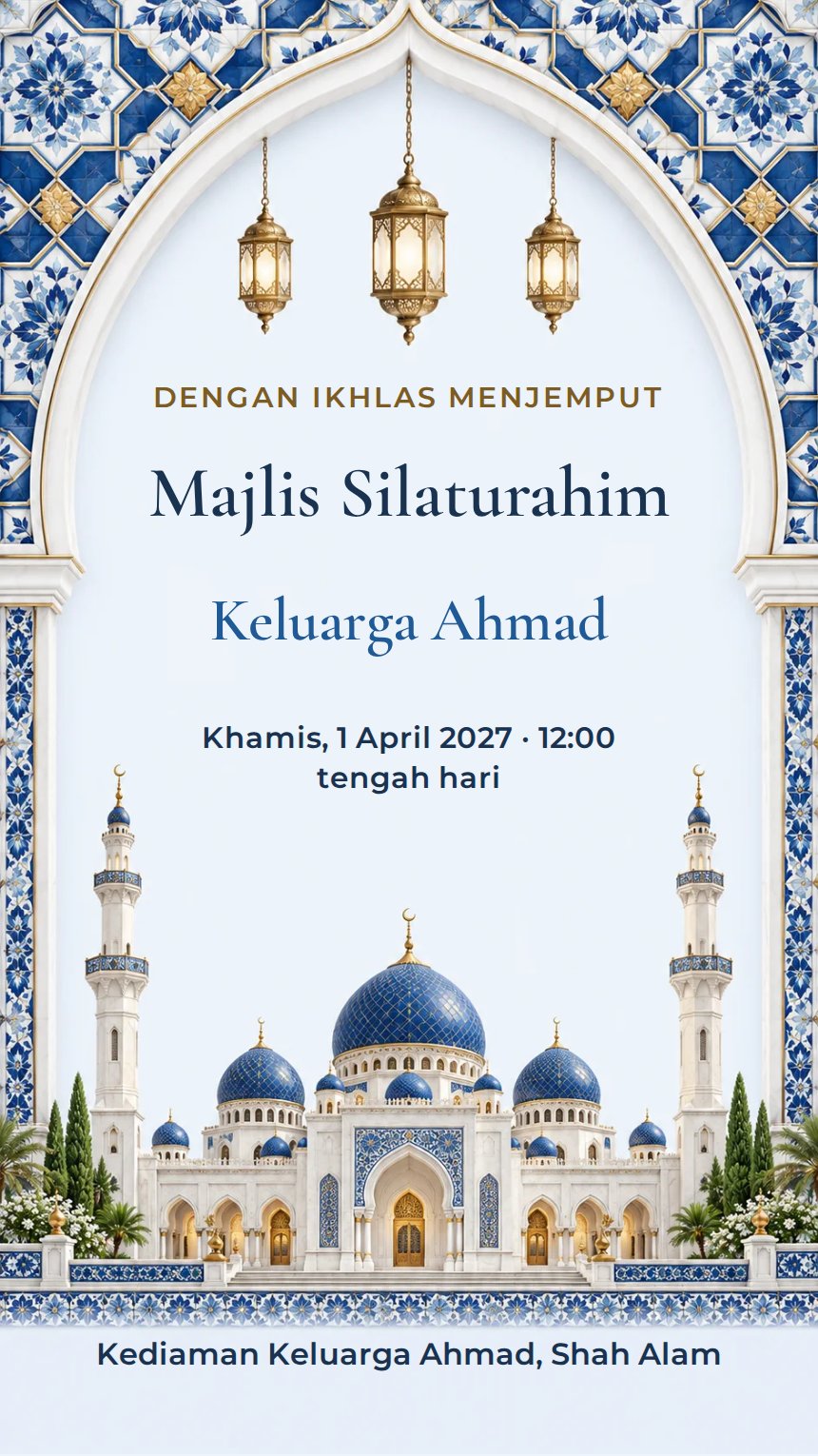Masjid Biru — Kad Jemputan Perayaan Agama & Kebudayaan — Biru — Islamik & Arabesk — Elegan
