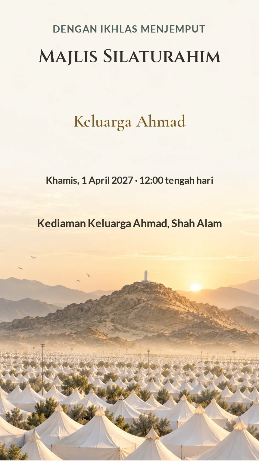Seruan Labbaik — Kad Jemputan Perayaan Agama & Kebudayaan — Putih — Islamik & Arabesk — Elegan