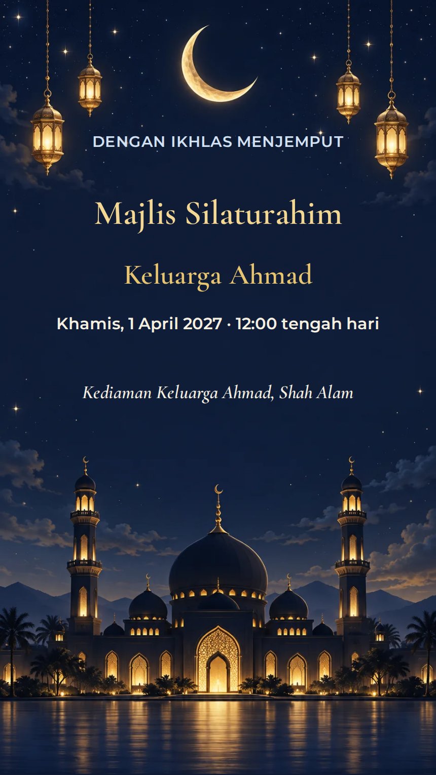 Malam Takbir — Kad Jemputan Perayaan Agama & Kebudayaan — Biru Laut — Islamik & Arabesk — Elegan