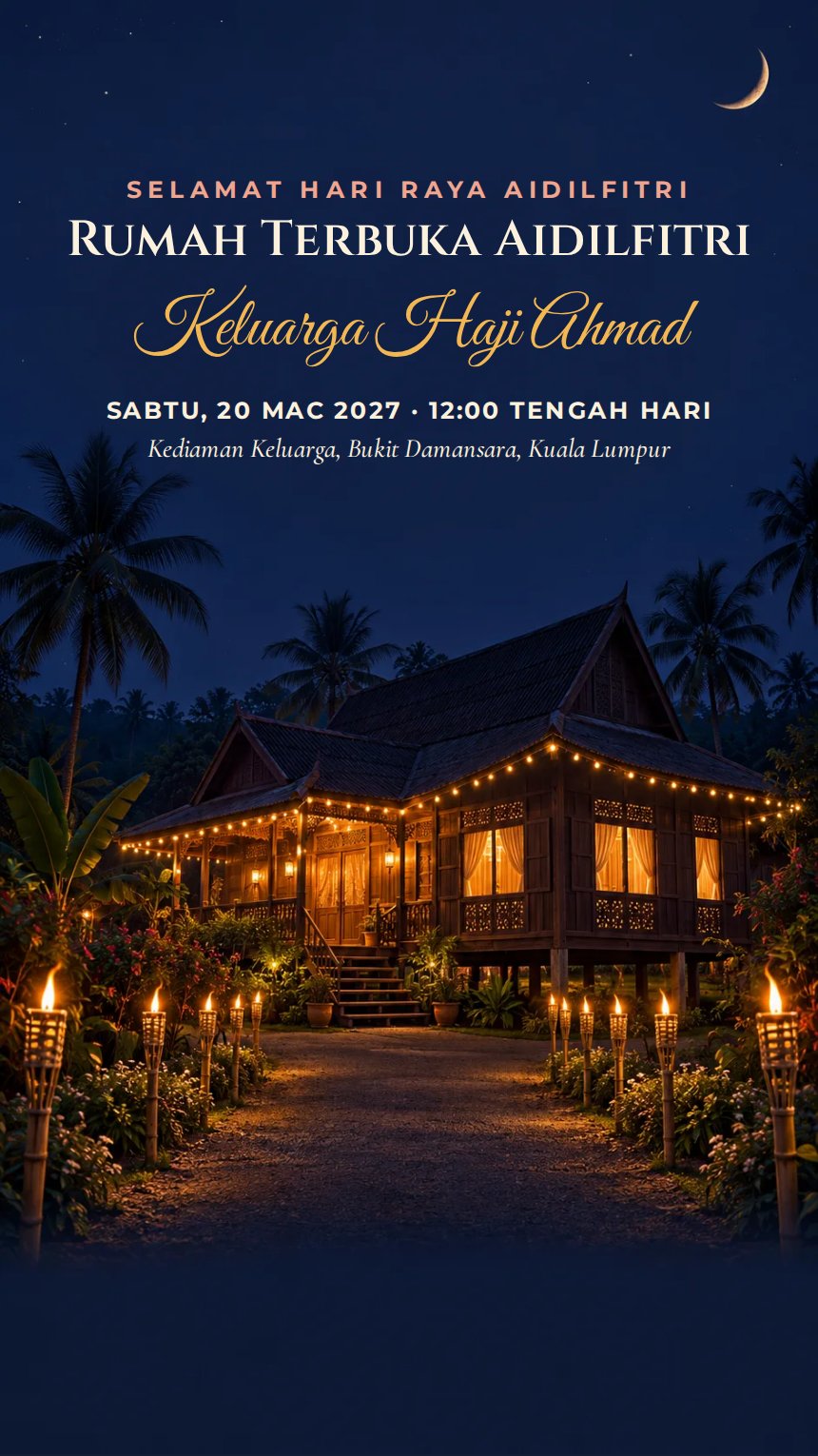 Pelita Malam Raya — Kad Jemputan Perayaan Agama & Kebudayaan — Biru Laut — Islamik & Arabesk — Festive