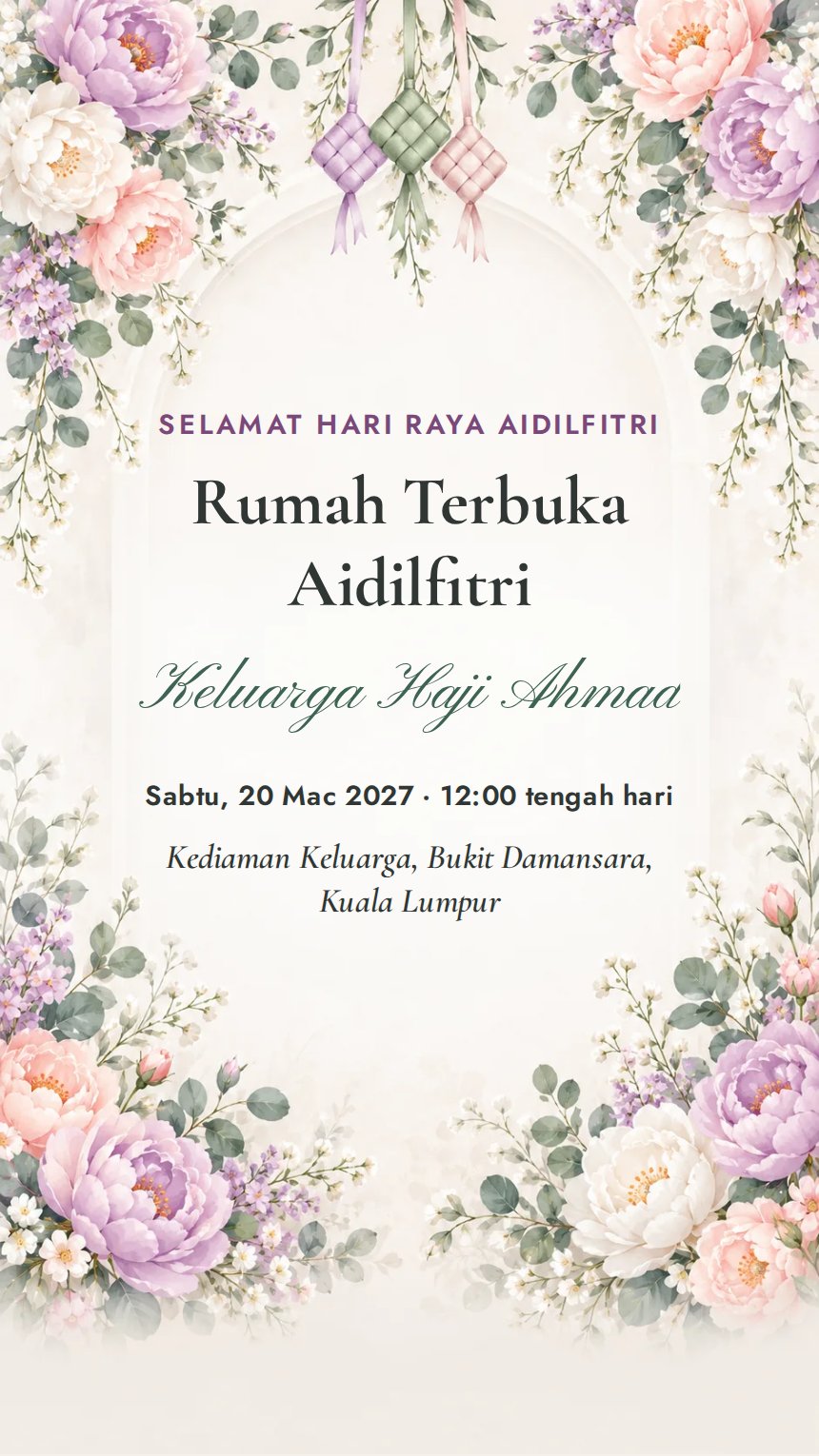 Taman Pastel Syawal — Kad Jemputan Perayaan Agama & Kebudayaan — Pastel — Bunga — Moden