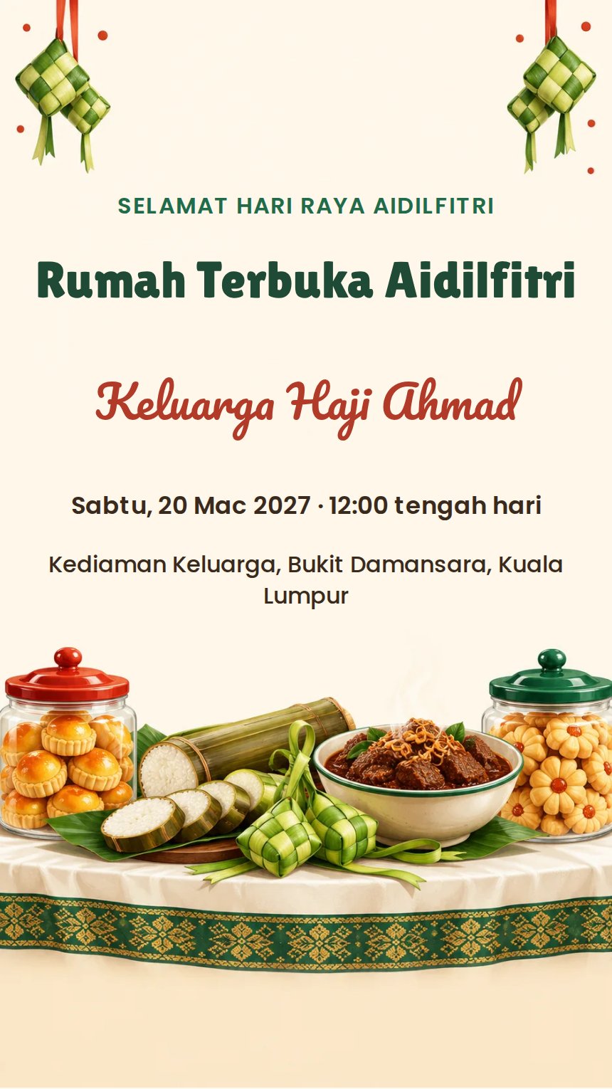 Jamuan Raya — Kad Jemputan Perayaan Agama & Kebudayaan — Hijau — Abstrak — Ceria