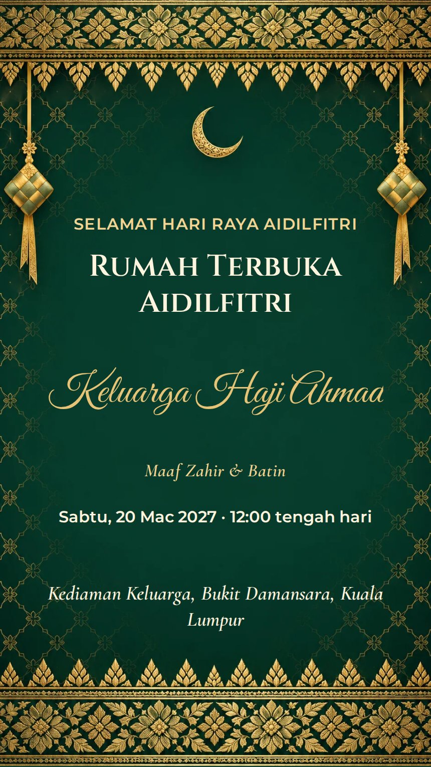 Songket Diraja Raya — Kad Jemputan Perayaan Agama & Kebudayaan — Hijau — Berukir & Klasik — Mewah