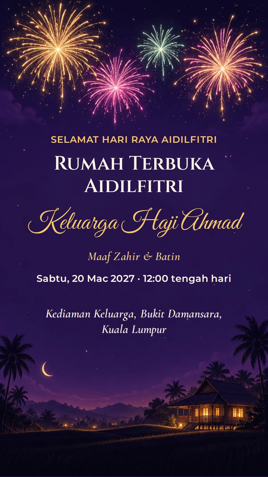Bunga Api Syawal — Kad Jemputan Perayaan Agama & Kebudayaan — Ungu — Abstrak — Festive