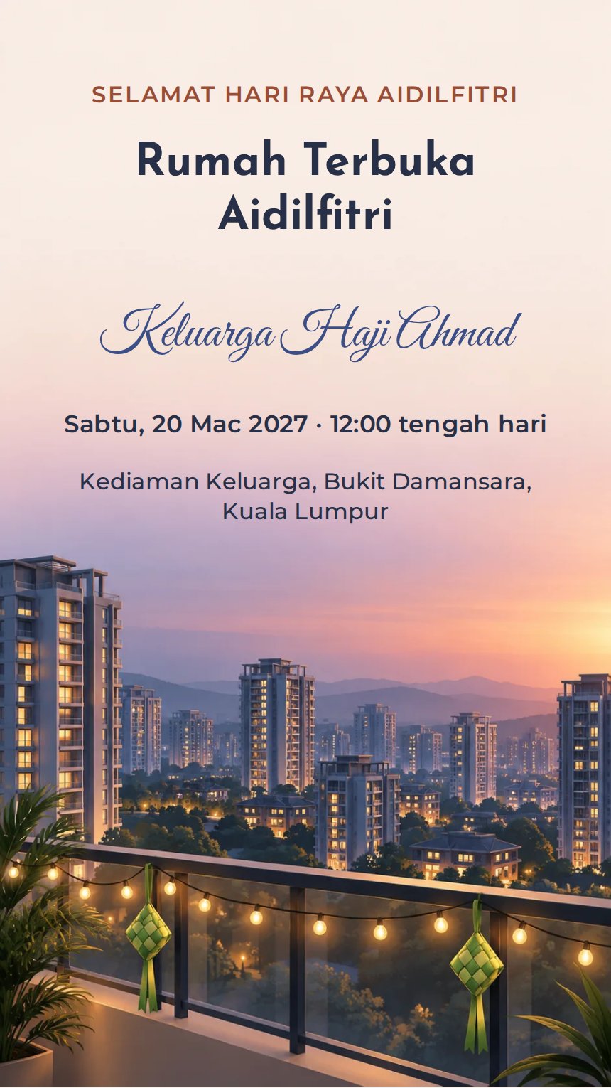 Raya Kota — Kad Jemputan Perayaan Agama & Kebudayaan — Biru — Minimalis — Moden